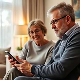 2 adults looking at a tablet together, smiling and learning