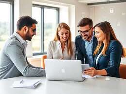 Business team working on laptops and devices