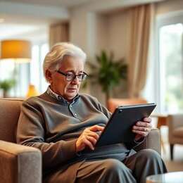 Care home resident using a tablet