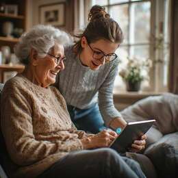 A friendly IT support session helping a client with online safety and tablet basics at home in Devon